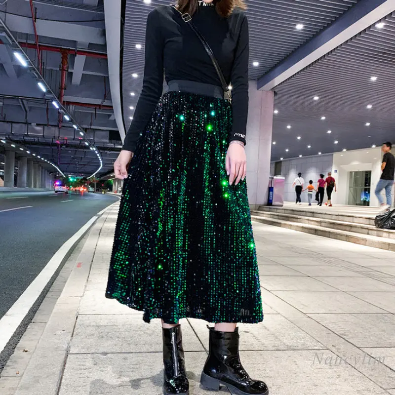 

European Style Green Sequin Skirt Women Autumn Winter New Heavy Industry Sequined High Waist Shiny A- Line Big Hem Skirts 2023