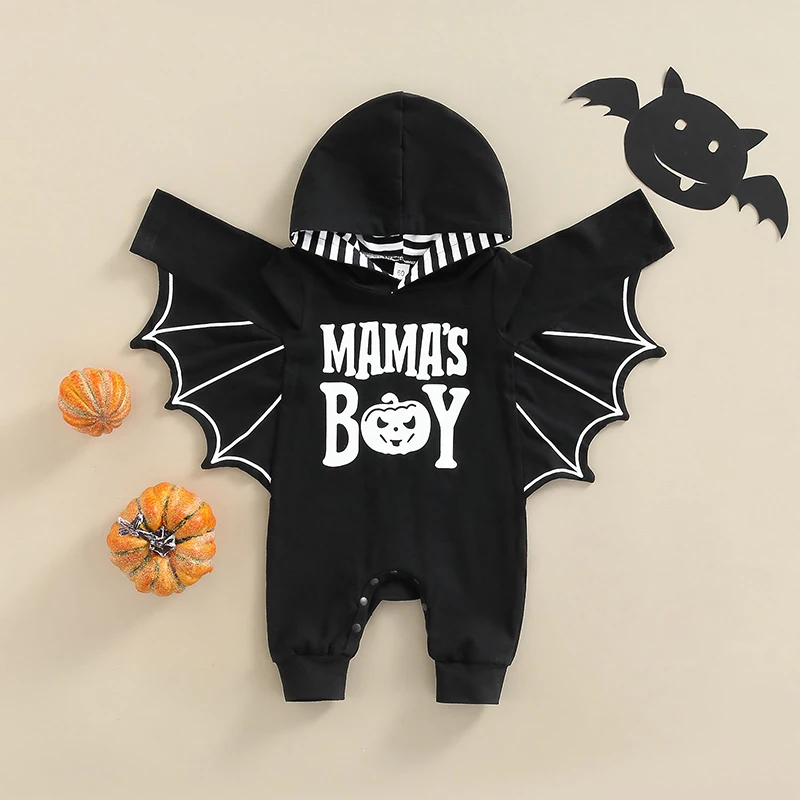 

Baby Boys Halloween Jumpsuit, Letter/ghost Print Hooded Batwing Sleeve Romper with Crotch Snaps for Toddlers, 0-24 Months