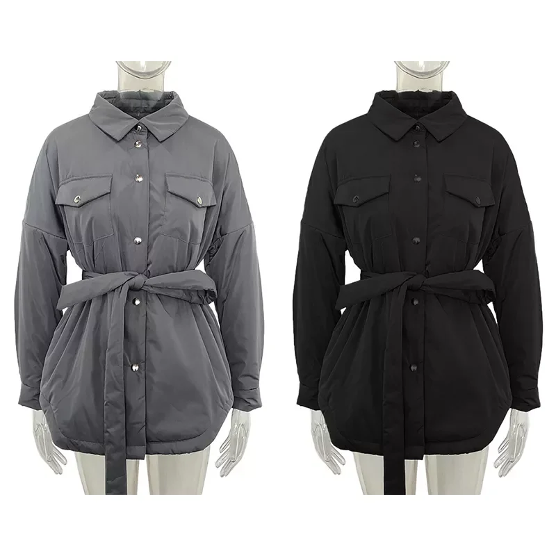 2022New Spring Turn Down Collar Parkas Women Fashion Tie Belt Coats Women Elegant Single Breasted Cotton Jackets Female Ladies