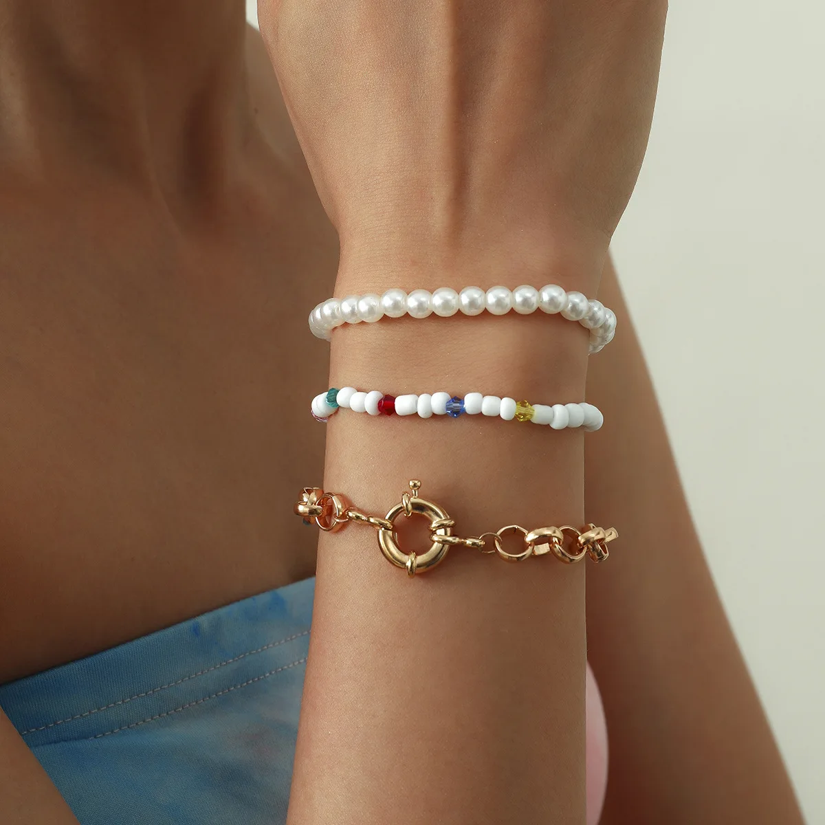 

3pcs Korean Fashion Multi-layer Golden Bracelets for Women Charm Imitation Pearl Bracelet Jewelry Beach Style Girls Jewelry Q
