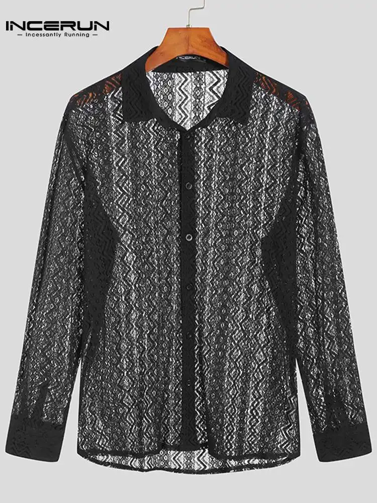 

INCERUN Men Shirt Mesh Lace Transparent Lapel See Through Long Sleeve Streetwear Sexy Men Clothing 2022 Fashion Camisas S-5XL