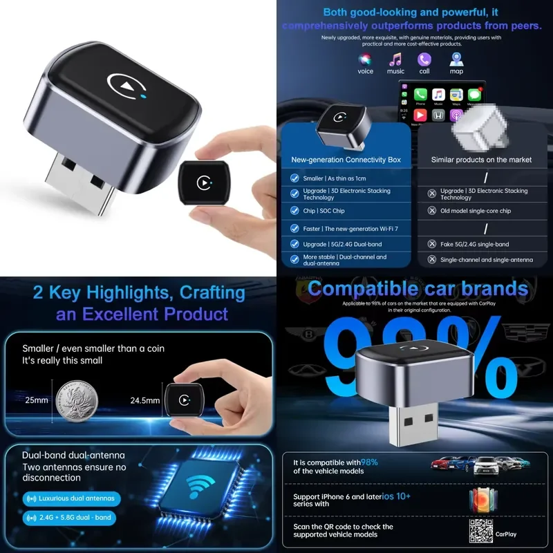 Фото Горячая новинка 2026: Миниатюрный USB-адаптер Fuallwin для беспроводного подключения Android Auto и CarPlay в автомобиль №1