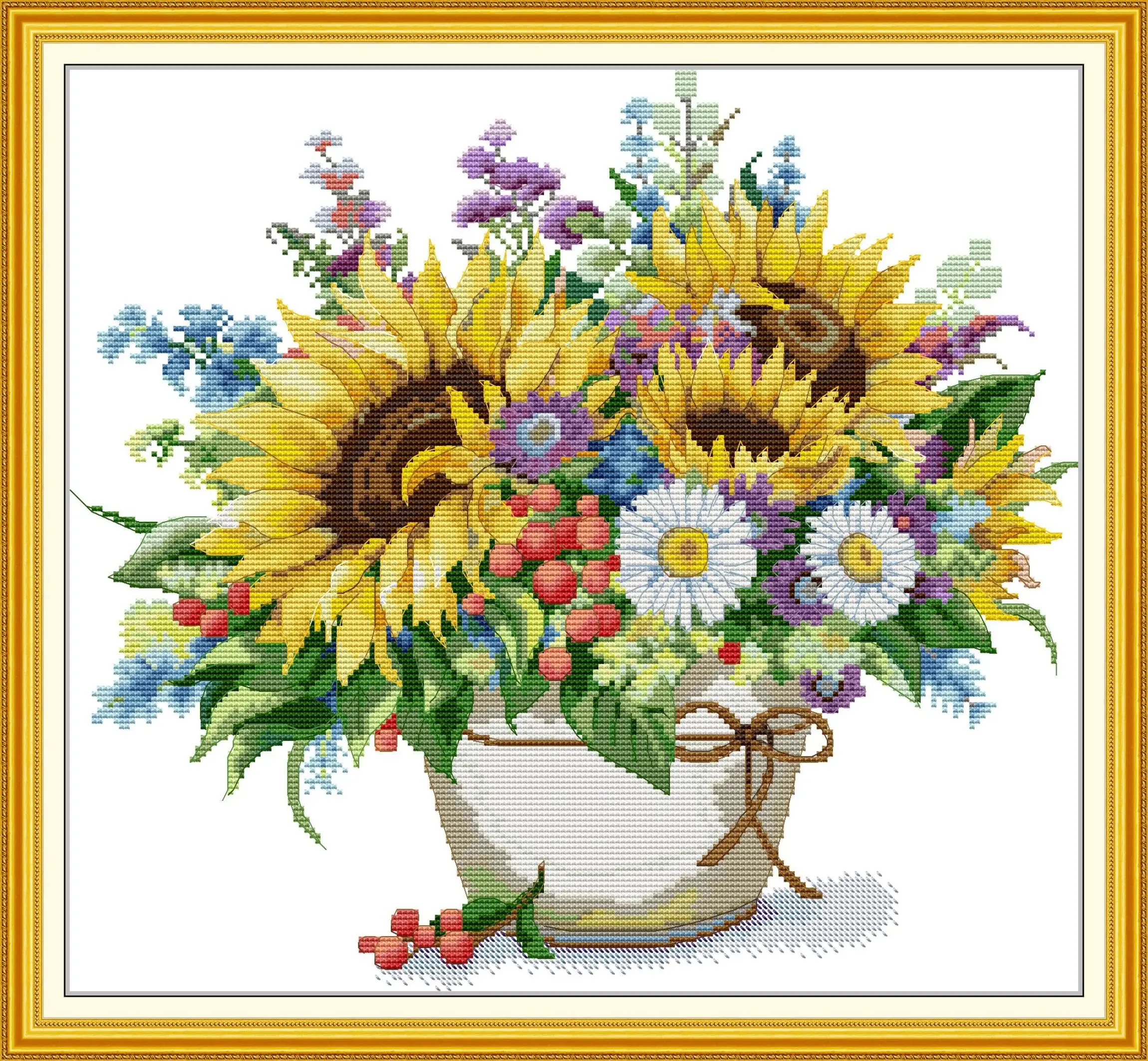 

Joy Sunday Pre-printed Cross Stitch Kit DIY Easy Pattern Aida 14/11CT Stamped Fabric Embroidery Set-Sunflower Daisy Vase