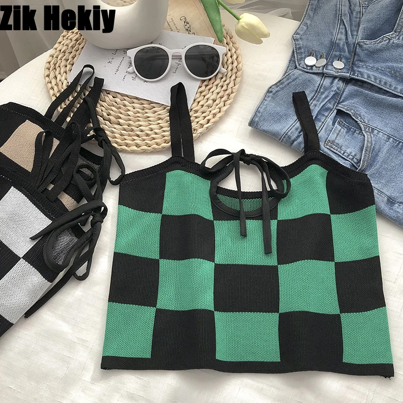 

Zik Hekiy Women Green Plaid Y2K Crop Tops Sexy Tops Knitted Halter Bandage Off Shoulder Women Cute Crop Tops 2021 Summer
