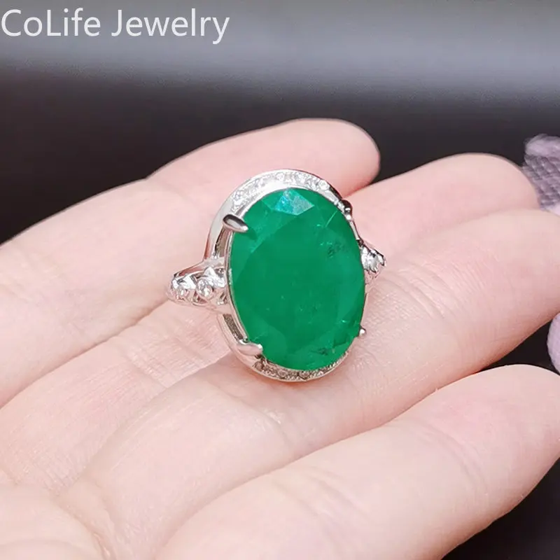 

Large Size Lab Created Emerald Ring for Party 12mm*16mm Emerald 925 Silver Ring with 3 Layers 18K Gold Plating