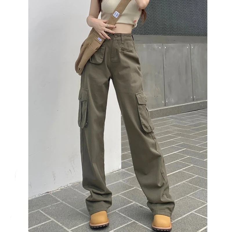

Women Green Cargo Pants High Waisted Vintage Fashion Leisure Straight Wide Leg Pants Female 2023 Summer NEW Mopping Trouser
