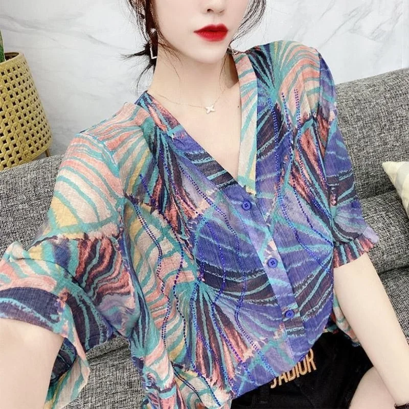 Blouse Woman New Collection 2022 Trends Floral Sexy Summer Women's Shirts Tunic Beautiful Linen Cotton Cool Sequin Top Loose Hot