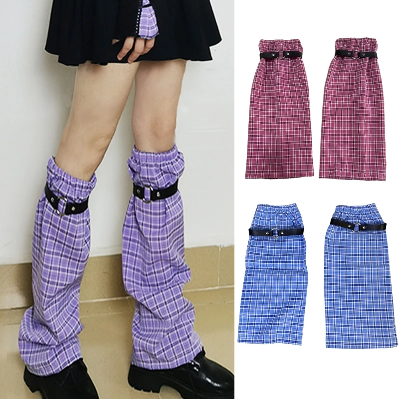 Women Harajuku Plaid Check Print Leg Warmers with Faux Leather Ring Gothic Punk  Foot Cover Socks Wide Leg Baggy 37JB