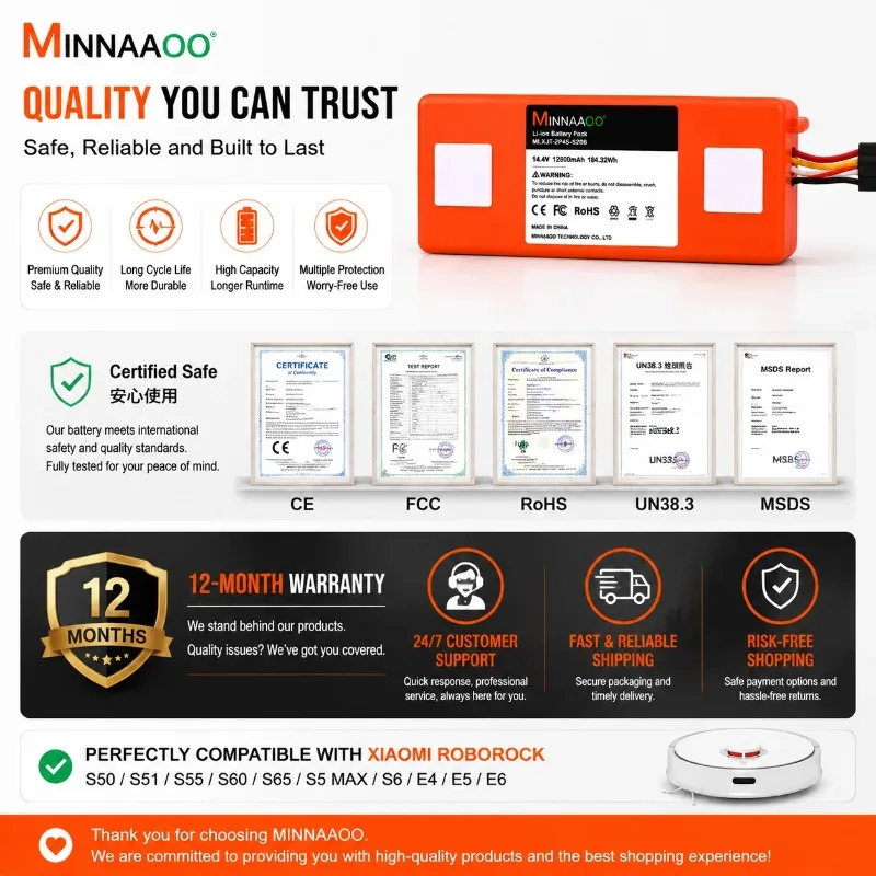 Литий-ионный аккумулятор MINNAAOO 14,4 В, 12800 мАч для роботов-пылесосов Xiaomi Roborock S50 S51 S55 S60 S65 S5 MAX S6, замена (art.: 3920dc3d70592) - 3920dc3d70592