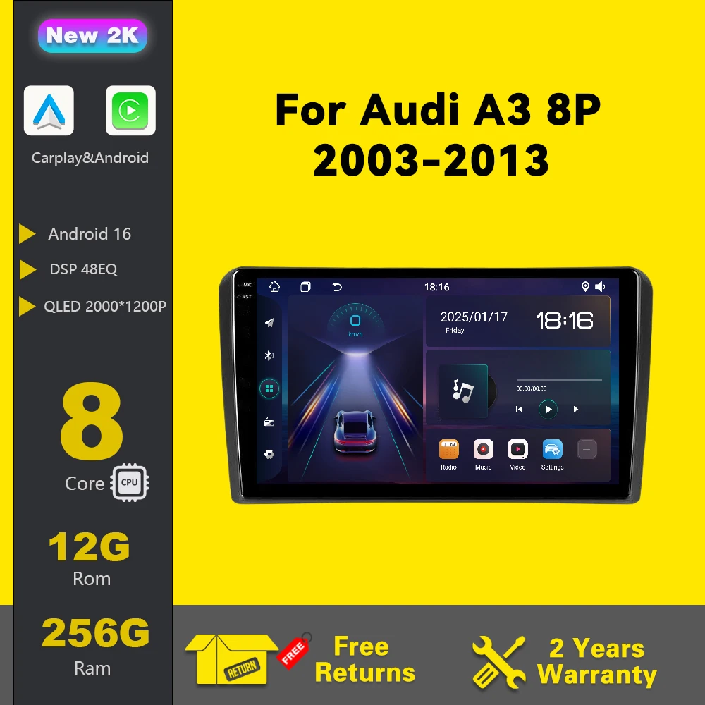 Фото Автомагнитола для Audi A3 8P 2003-2013 с Android Auto, CarPlay, мультимедийной системой, стерео, навигацией, сенсорным экраном, видеоплеером, 8-ядерным процессором и GPS. №1