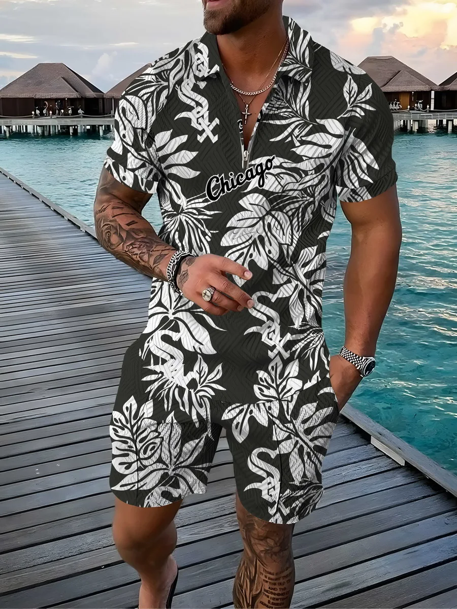 Men's Activewear Casual Short Sleeve Zip Polo Shirt and Shorts Set Men's Casual Hawaiian 3D Print Streetwear 2 Piece Set