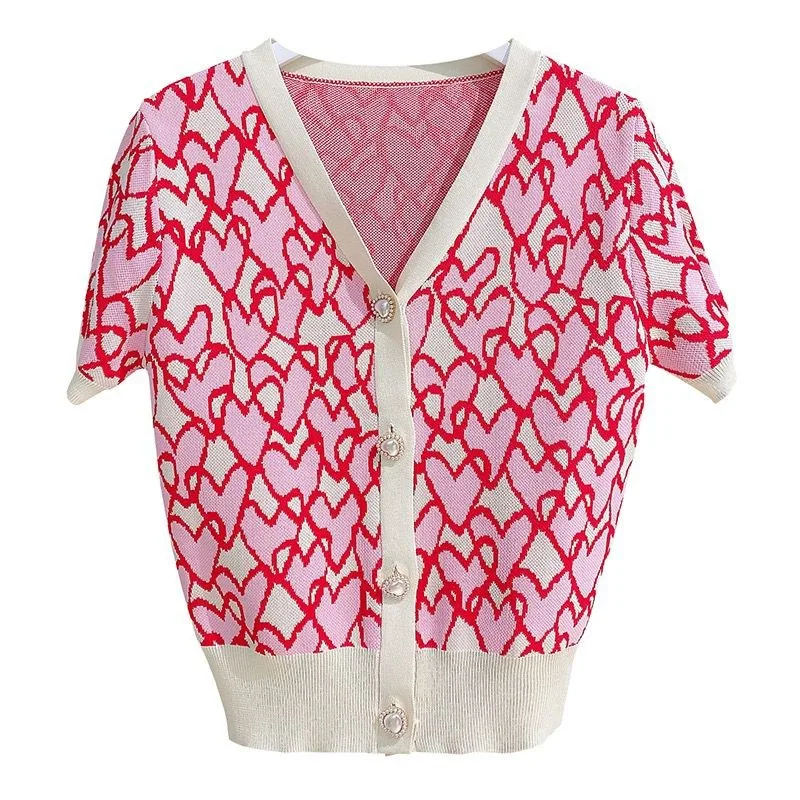 

Женский жаккардовый кардиган с V-образным вырезом и коротким рукавом