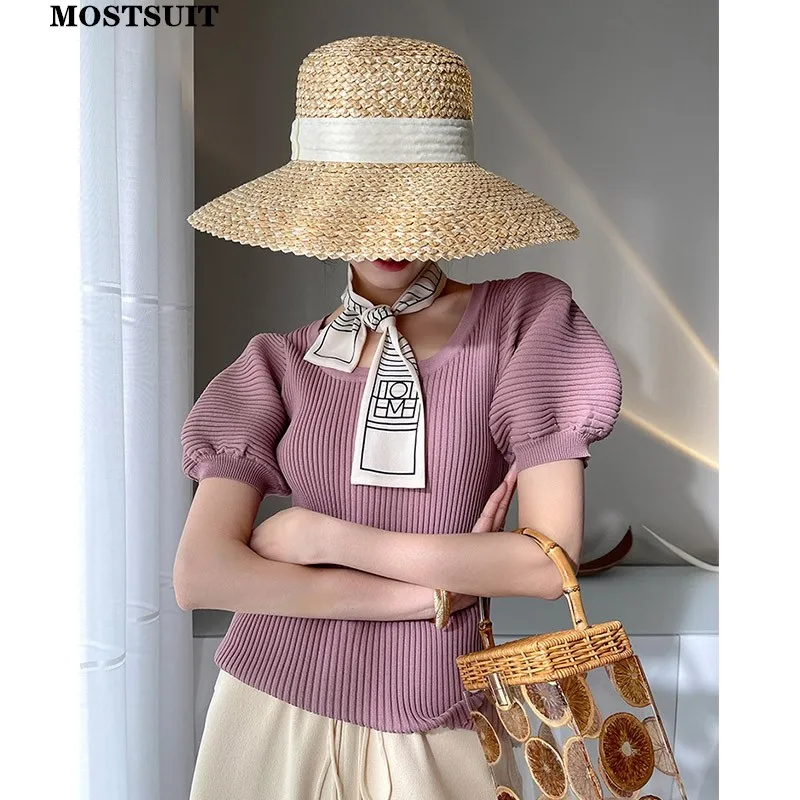 

2022 Summer Puff Sleeve Slim Knitted Pullover Knitwear Women Solid Basic Casual Fashion Tops Sweaters Ice Silk Vintage Jumpers