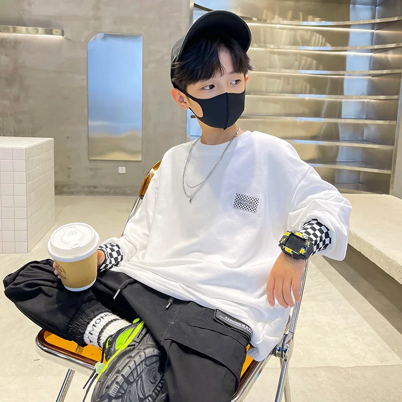 

Boys Sweatshirts Spring Fall Children Kids White Cotton Pullover Teenage Tops Long Sleeve T Shirt Clothes 6 7 8 10 12 13 14 Year