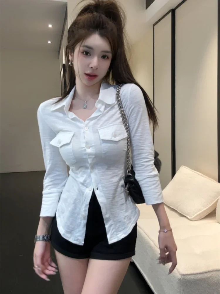 Винтажная темно-синяя рубашка три четверти для женщин топы на пуговицах тонкая