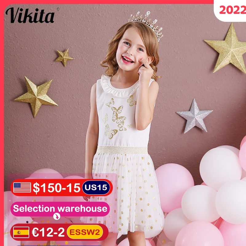 

VIKITA Girl Princess Dress New Summer Kid Girls Dress Sleeveless Dresses Kids Party Butterfly Costumes Children Sequins Dresses
