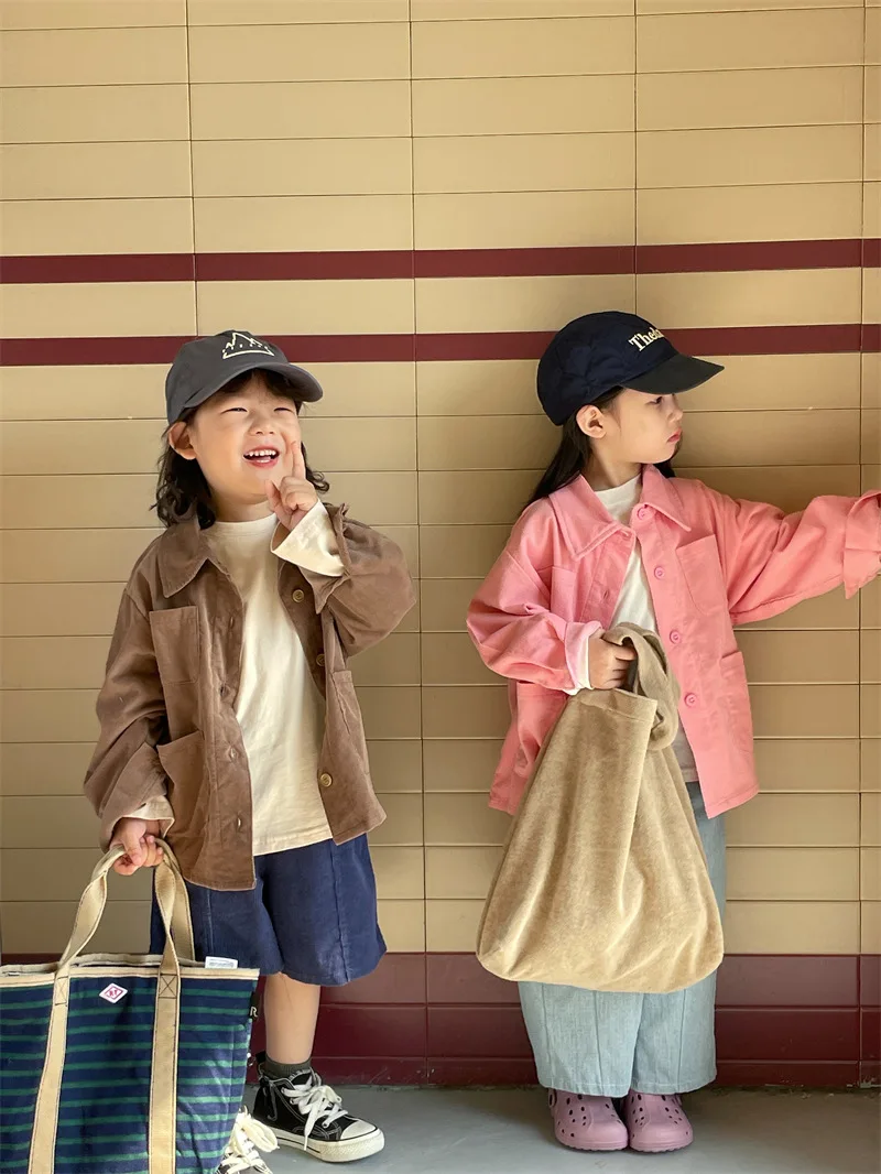 

Весна 2023, детская повседневная Однотонная рубашка в Корейском стиле, пальто для мальчиков и девочек, одежда