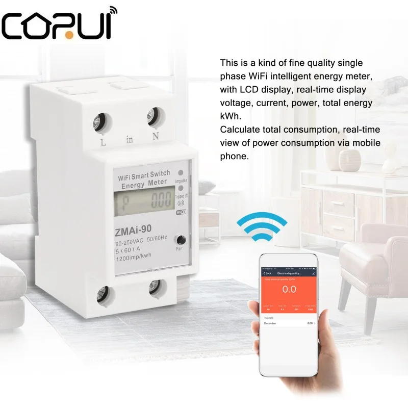 

CORUI 110-250 В WiFi умный измерительный счетчик энергии Tuya/Smart Life APP din-рейка однофазный умный WIFI измерительный выключатель Умный дом