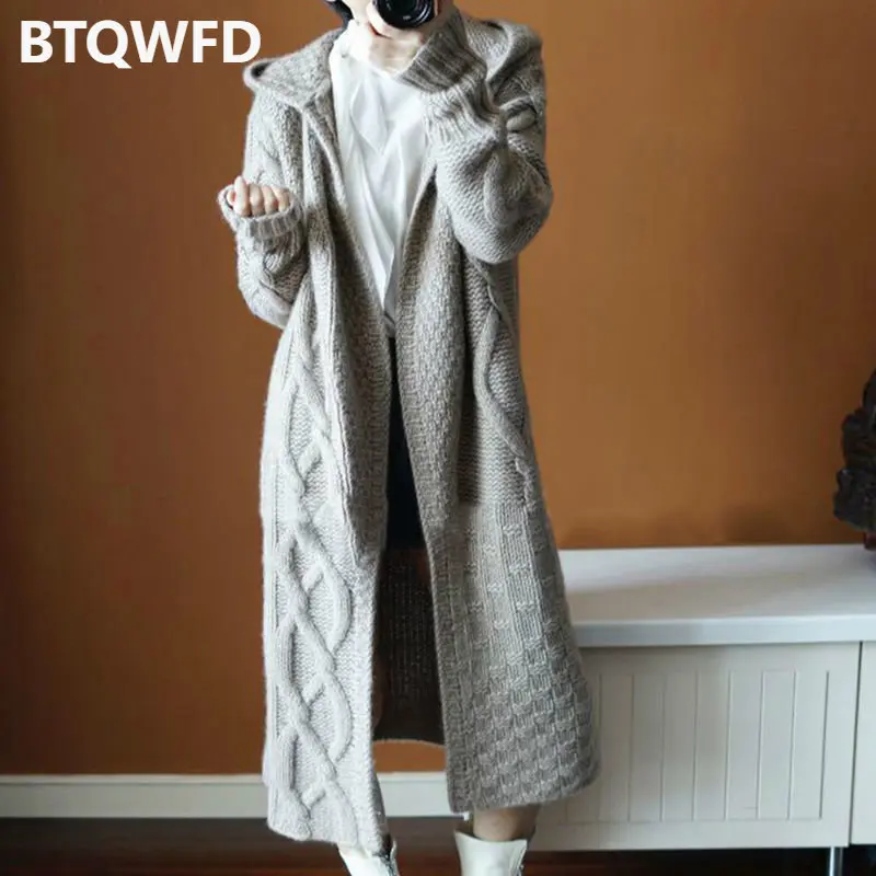 

Hooded Women Knitted Sweaters Cardigans 2022 New Fashion Autumn Female Clothing Tops Long Sleeve Loose Coats Thick Solid Color