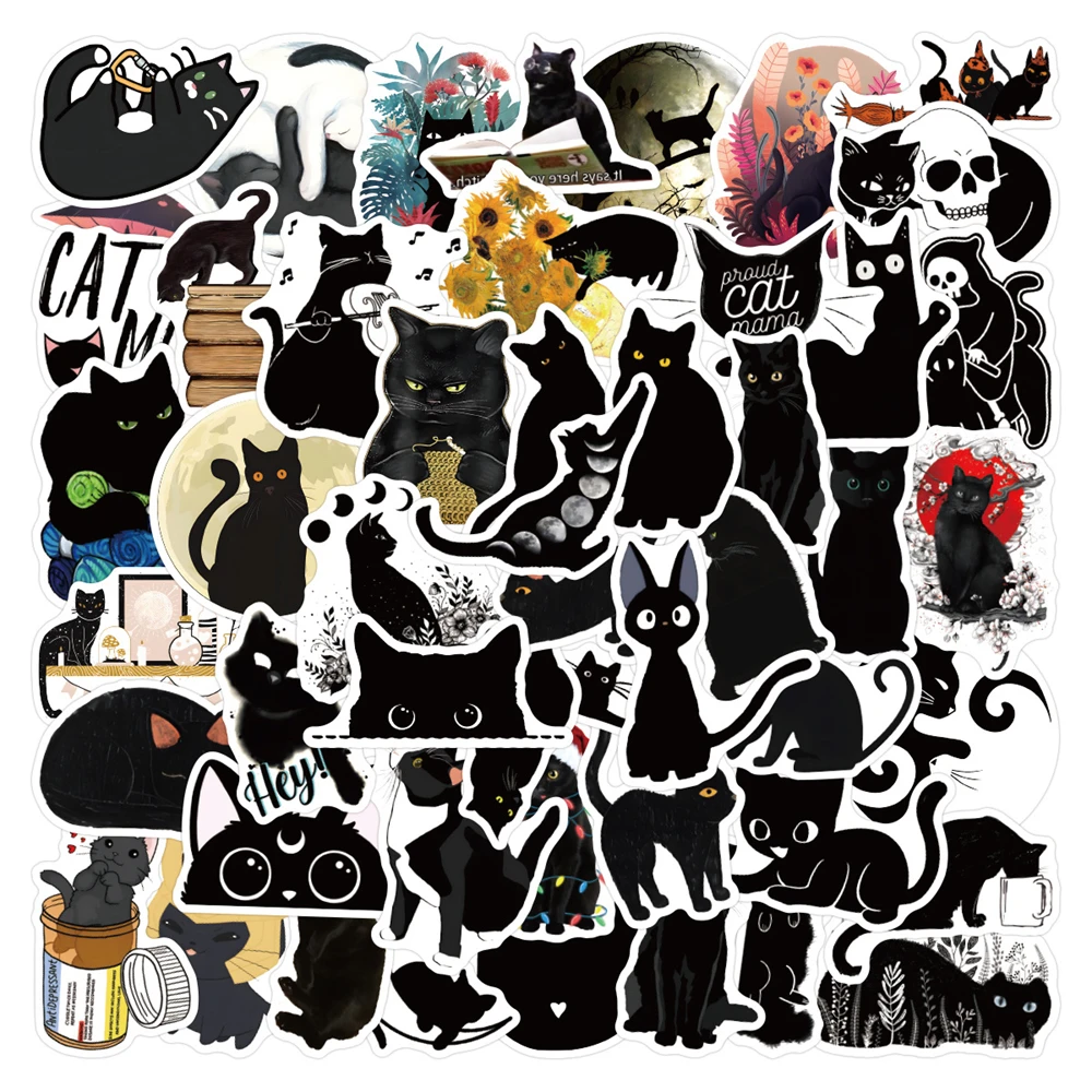 10/50 Pcs Elegant Animal Black Cat Graffiti Stickers Decorate Luggage DIY Phone Laptop Water Mugs Decal Thin Waterproof Stickers