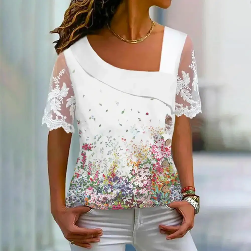

Women Lace Stitching Top Floral Print Skew Collar Tee Vibrant Summer Streetwear with Lace Stitching Loose Fit Short Sleeve