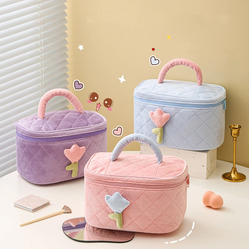 

Women's Tulip Flowers Pouch Ins Large Capacity Travel Cosmetic Bag Corduroy Zipper Toiletry Bags Portable Storage Box