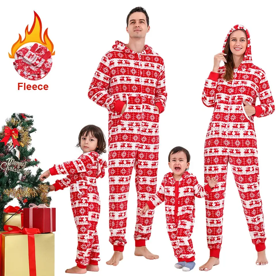 Winter Fleece Fabric Warm Vintage Print Family Matching Christmas Pajamas Mother Father Kids Baby Hooded Bodysuit Zipper Onesie