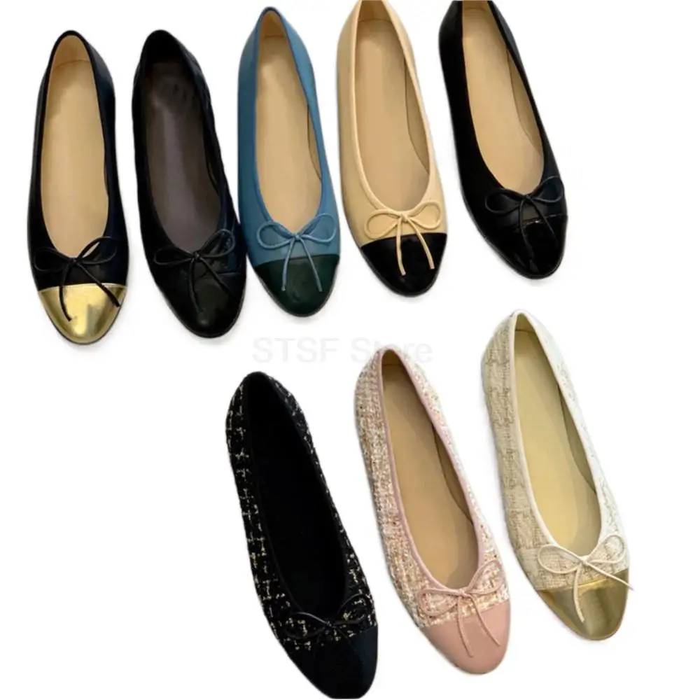 Luxury Brand Design Round Toe Bow Ballet Flat Shoes Women Genuine Leather Professional Low Heels Casual CC Shoes Zapatos Mujer
