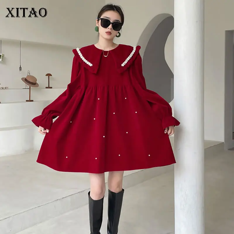 

XITAO Solid Color Patchwork Peter Pan Collar Pullover Dresses 2022 Spring New Casual Fashion Temperament All Match GWJ2873