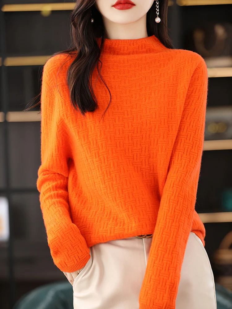 Новинка 100% Осень-зима 2024 вязаный свитер из чистой шерсти с воротником средней