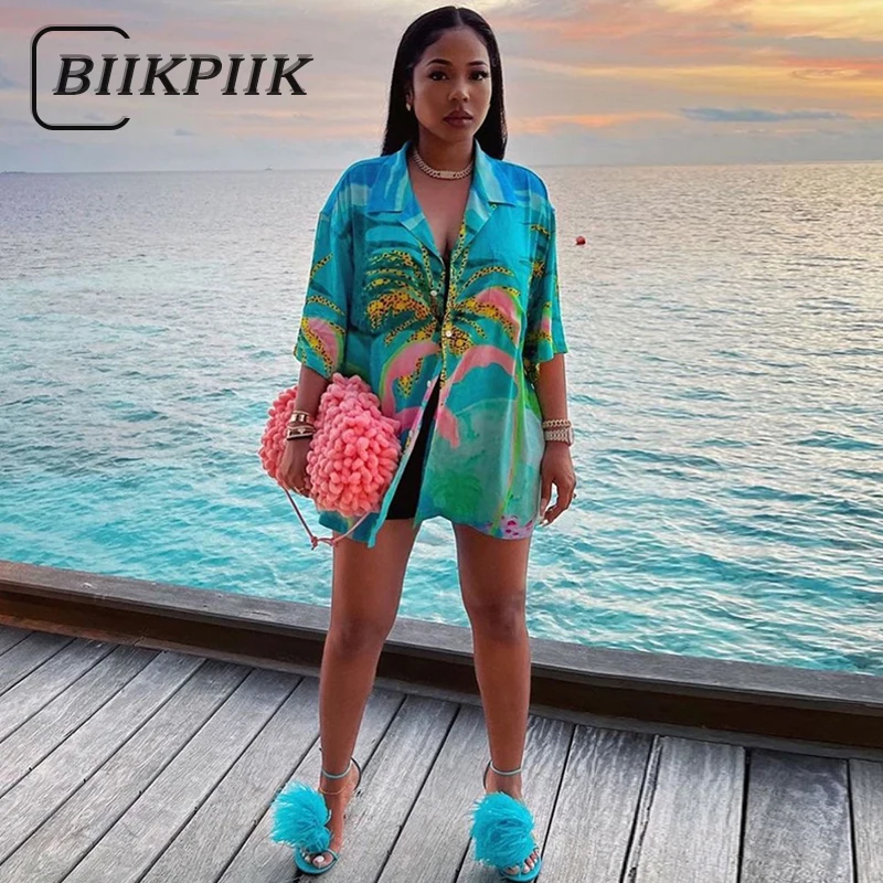 BIIKPIIK 2022 Летняя Пляжная футболка в стиле оверсайз женские топы на пуговицах с