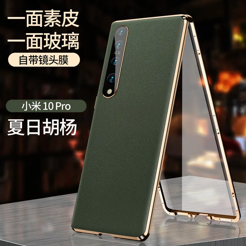 

For Xiaomi Mi 10 Pro 5G Case 360 Full Protection Metal Bumper Clear Front Glass Cover with Back PU Leather Case for Xiaomi 10Pro
