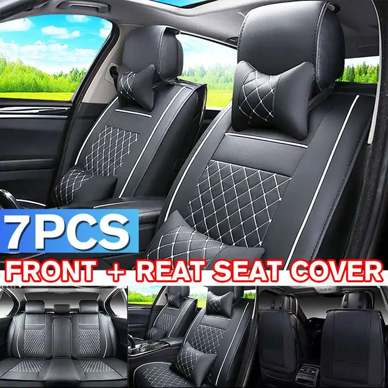 

7pcs/set PU Leather Car Seat Cover Protector with Pillow Waist Cushion Front Rear Full Set for 5 Seats Car Universal Seat Covers