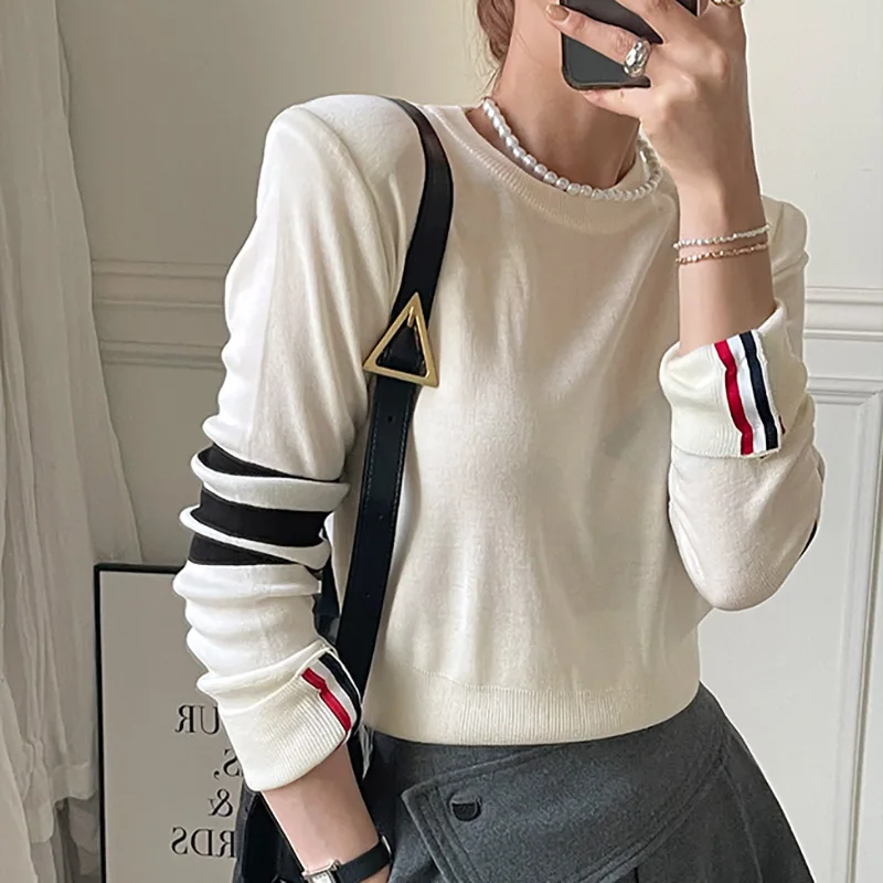 

2023 Spring New Korean Chic Women Sweater Vintage y2k Striped Clothes Pulls Tees Tops Long-Sleeved Pullover Knit Blouse Mujer