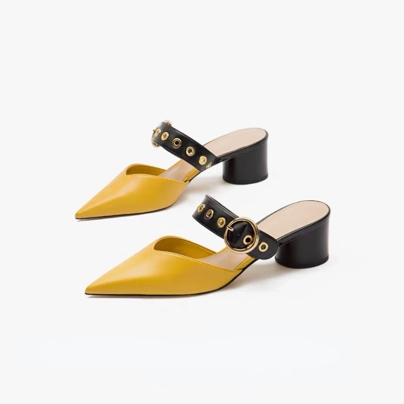

Women's Pointed High-heeled Shoes High Quality Leather Non-slip Metal Buckle Summer Slippers Fashion Baotou High-heeled Shoes