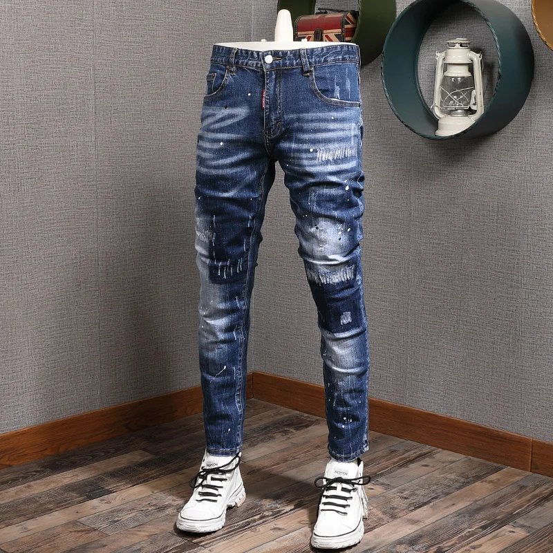 

Dots Printed Mens Blue Stretch Ripped Jeans Men Summer Fashion Slim Fit Cowboy Pencil Pants Streetwear Casual Denim Trousers