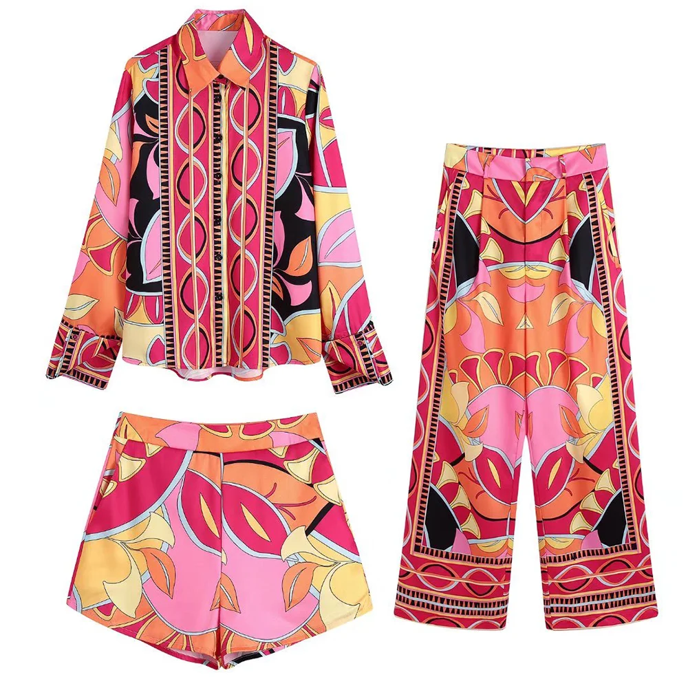 

WOMEN TRAF 2022 New Printed Drape Shirt Casual Retro Long Sleeve Female Top + Shorts + High Waist Trousers Three Piece Set