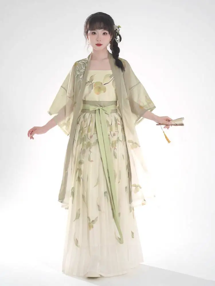 Фото Новое женское платье Hanfu Song System с рукавами, короткое платье, плиссированная юбка, брюки-фонарики, повседневные подтяжки №2