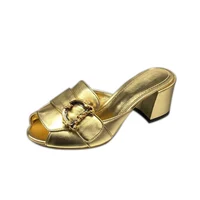 Women Gold and Black Block heel Sandals Slides Shoes party,Luxury Designer Brand 2022 Shoes Woman Summer Fashion mules