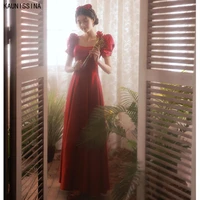 kaunissina satin evening dress puff sleeve square collar a line bownot classic prom gowns formal occasion women dresses
