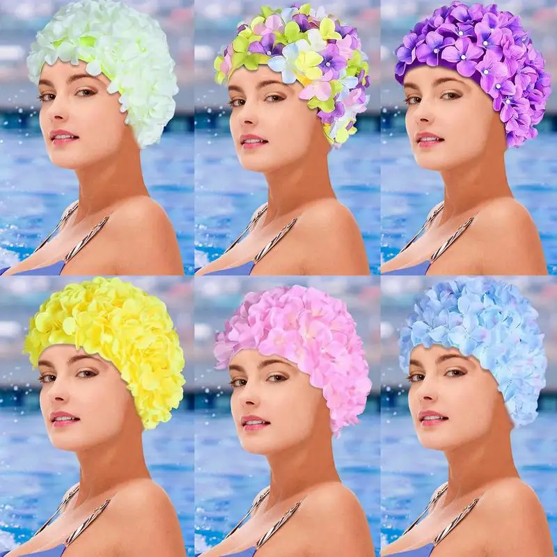 

3D Flower Women Bathing Handmade Breathable Swimming Bath Soft Long Hair Diving Hood Ear Protection Pool Accessories