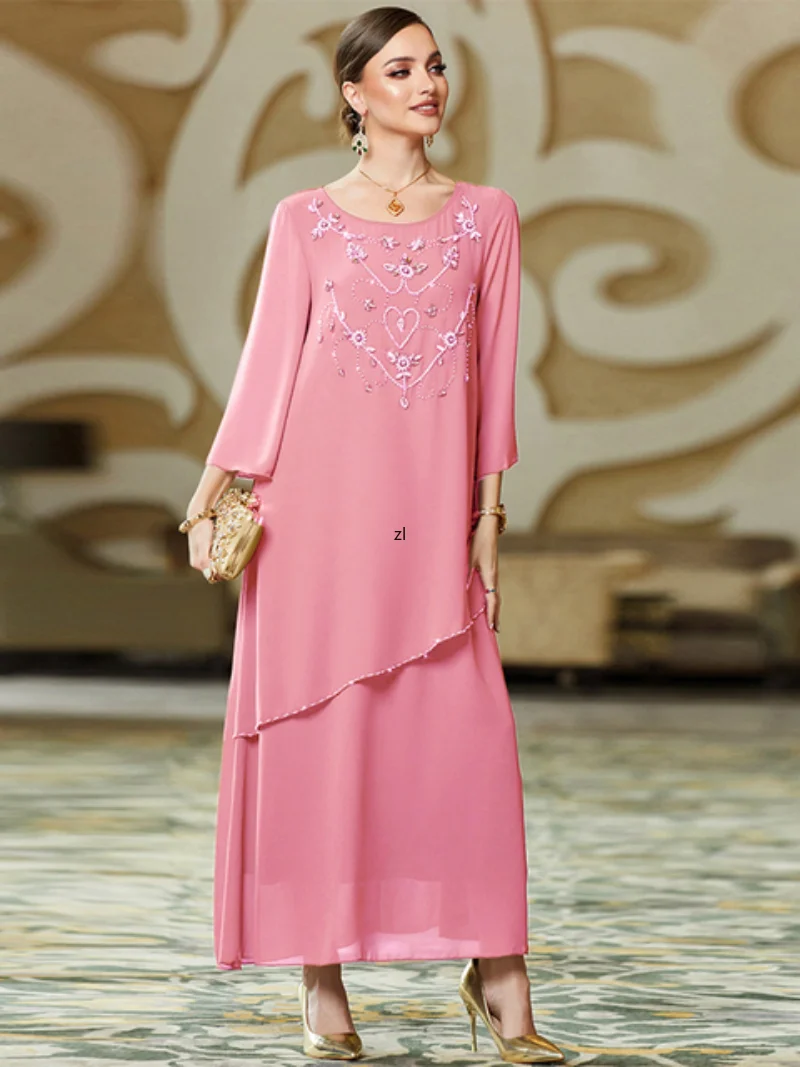 Sweet Cherry Blossom Pink Hand Sewn Diamond Beaded Chiffon Long Dress Modest Muslim Dubai Moroccan Jalabiya Eid-al-Adha 2023