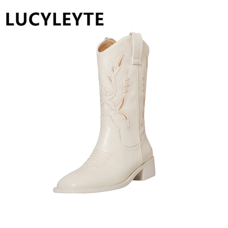 

2022 Women's Spring and Autumn New Fashion All-match Cow Suede Boots Printed Square Toe Chunky Heel Mid-sleeve Rider Boots