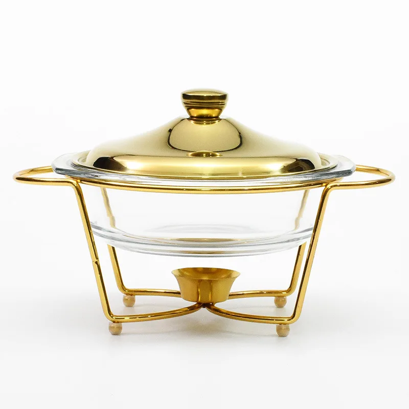 

Palace Food Warmer Round Glass Dining Stove Stainless Steel Glass Serving Dish Hot Pot Thicken Small Chafing Dish alcohol pot