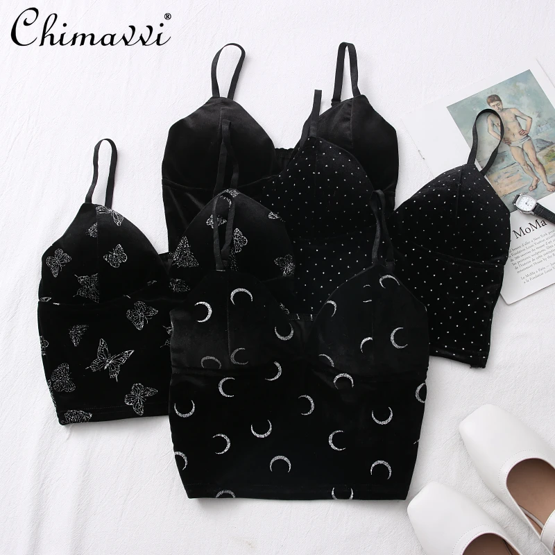 

2022 Summer New Fashion All-Match Printed Pleuche Camisole Women's Black Slim fit Sexy Short Crop Top for Ladies