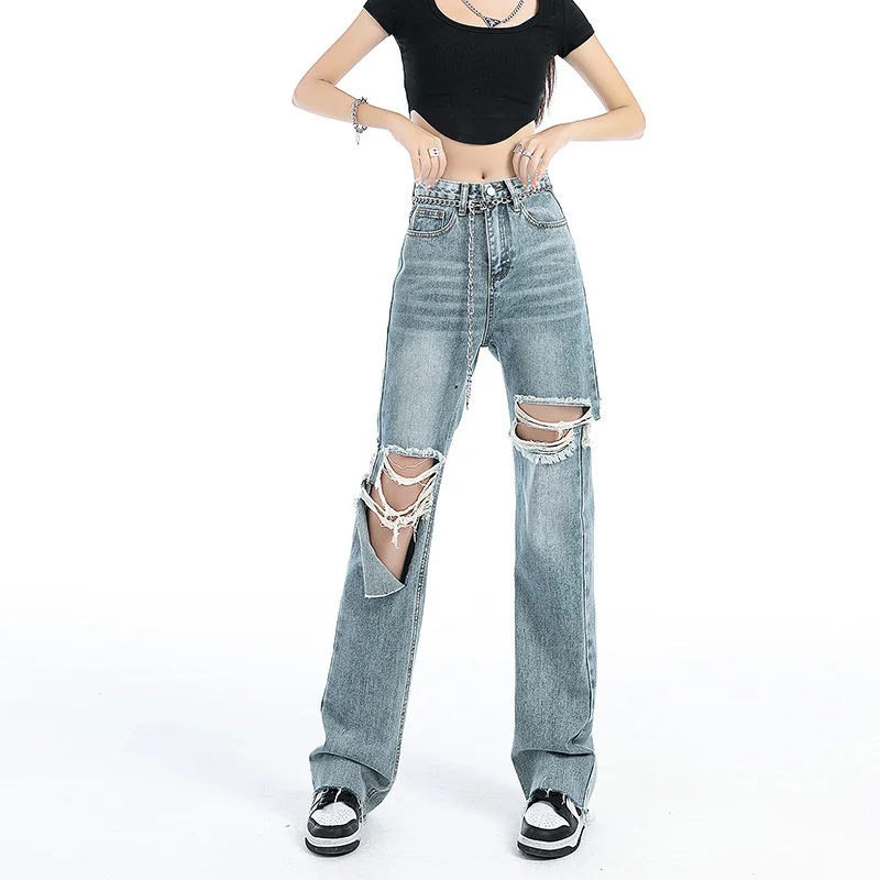 

#3134 High Waisted Jeans Women Holes Light Blue Vintage Long Jeans Female Streetwear Hip Hop Jeans Wide Leg Ripped Jeans Summer