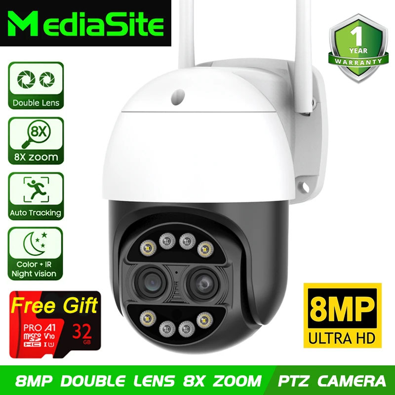 MediaSite 8MP 4K 8x Hybrid Zoom 2.8+12mm Dual Lens PTZ IP Camera WiFi Human Detection  Security Video Surveillance Camera ICsee
