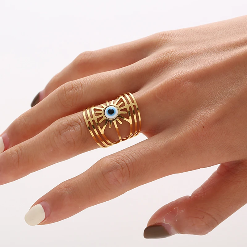 

Bohemian Boho Evil Eyes Hollow Rings Adjustable Opening Finger Rings For Women 18K Gold Plated Stainless Steel Fashion Jewelry
