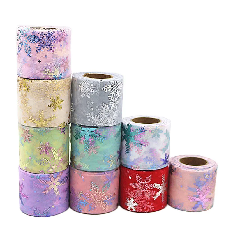Лента из органзы с принтом снежинок 25 ярдов 60 мм | Дом и сад