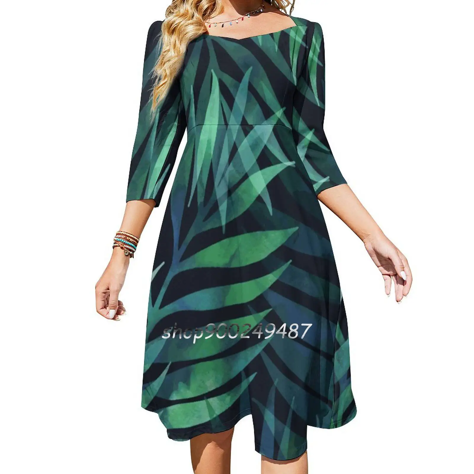 

Dark Green Palms Leaves Pattern Sweetheart Knot Flared Dress Fashion Design Large Size Loose Dress Palm Green Dark Pattern